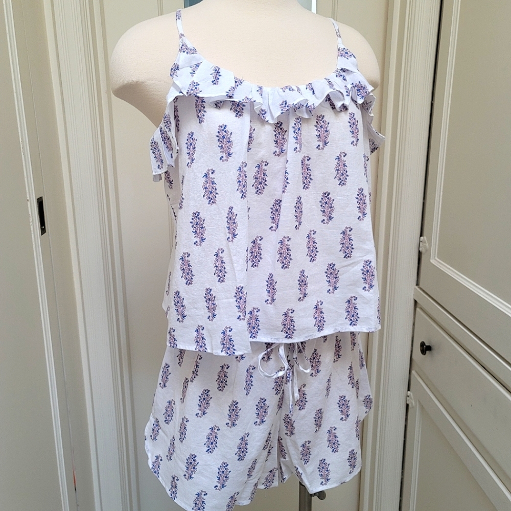 J Crew size M Medium Cotton-linen ruffle tank pajama set in lilac bud.